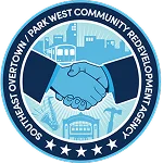 Logo featuring handshake in front of a cityscape with a bus, bicycle, and house illustrations encircled by the text Southeast Overtown/Park West Community Redevelopment Agency.