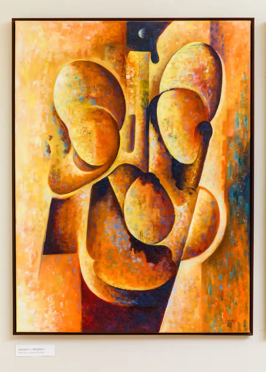 Abstract painting titled 'Maternity 1' featuring four stylized, rounded figures in shades of orange, yellow, and blue.