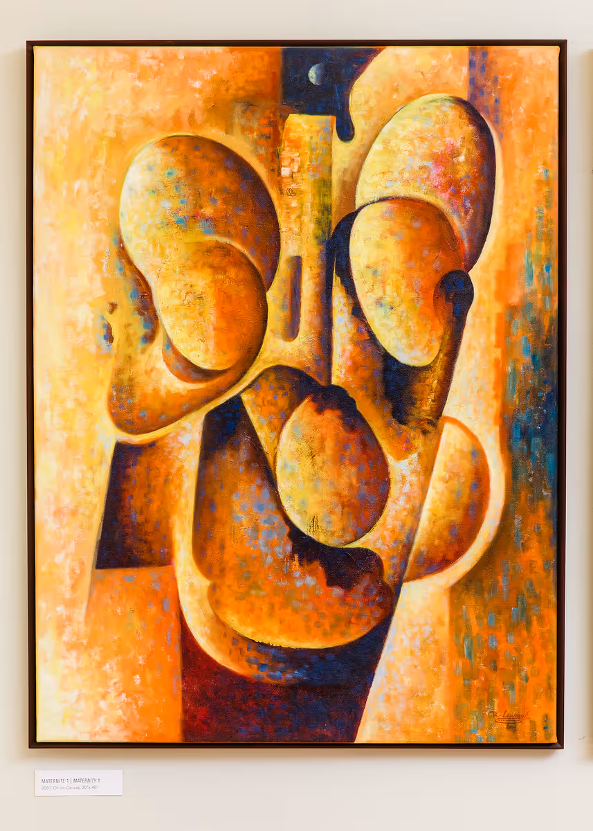Abstract painting titled 'Maternity 1' featuring four stylized, rounded figures in shades of orange, yellow, and blue.