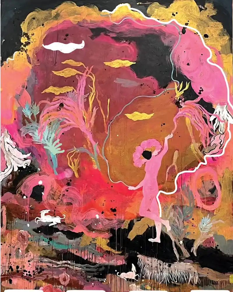 Abstract colorful painting with a pink human figure reaching upwards surrounded by swirling shapes and vibrant colors.