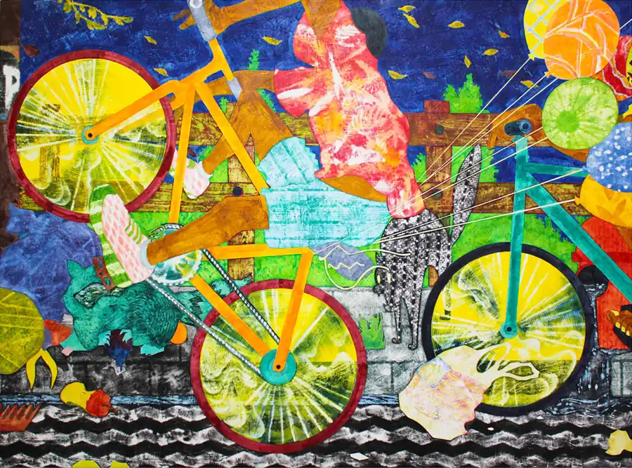 Colorful painting of a person wearing a red shirt and blue shorts riding an orange bicycle with yellow wheels, accompanied by a black and white dog towing bright balloons.