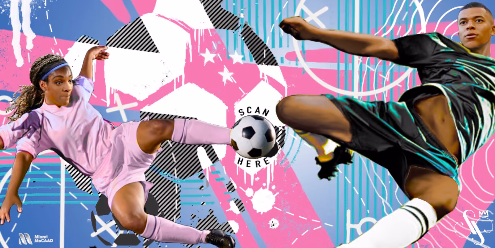 Male and female soccer players in mid-air kicks near a soccer ball with 'Scan Here' text on a colorful abstract background.