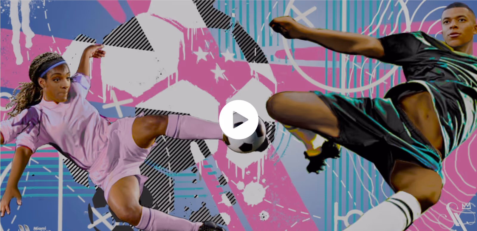 Two soccer players in action against a colorful graffiti background, both kicking a soccer ball mid-air.