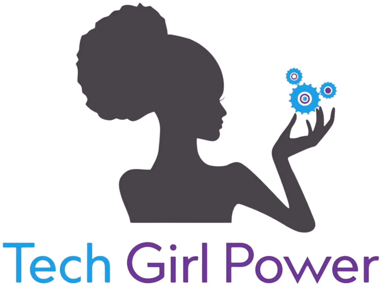 Silhouette of a woman with an afro holding blue gears above the phrase Tech Girl Power.