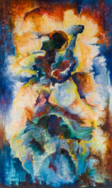 Abstract painting with swirling colors depicting a dancer in motion with raised arm, blending warm and cool tones.