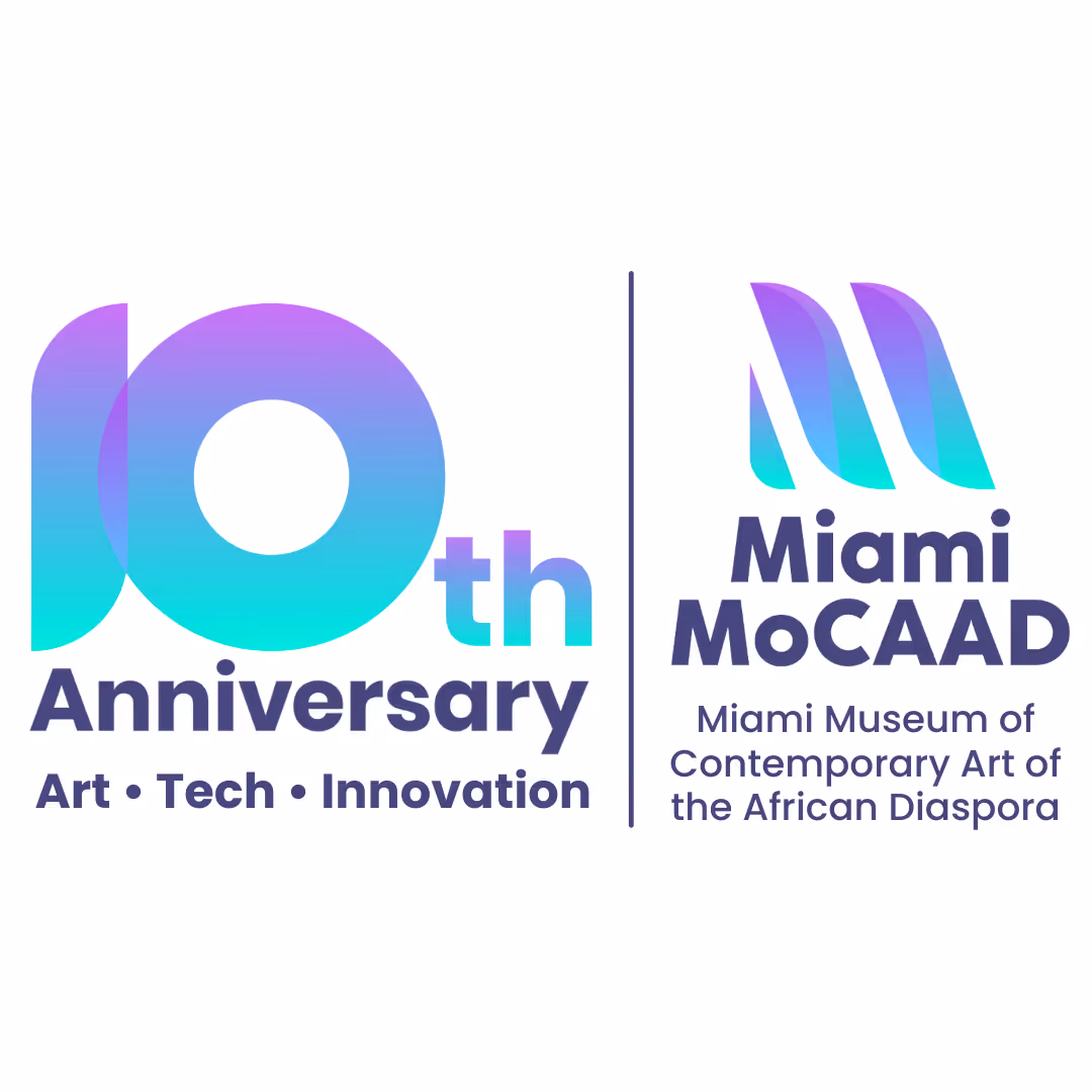 Logo for Miami MoCAAD 10th Anniversary featuring gradient blue-purple text with '10th Anniversary Art Tech Innovation' and Miami MoCAAD museum name and symbol.