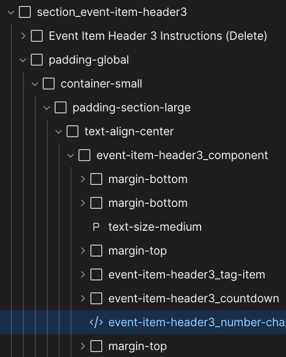 Screenshot of a nested HTML-like structure showing checklist items with labels such as 'section_event-item-header3', 'padding-global', 'container-small', and nested components like 'event-item-header3_component' containing margin and text size properties.