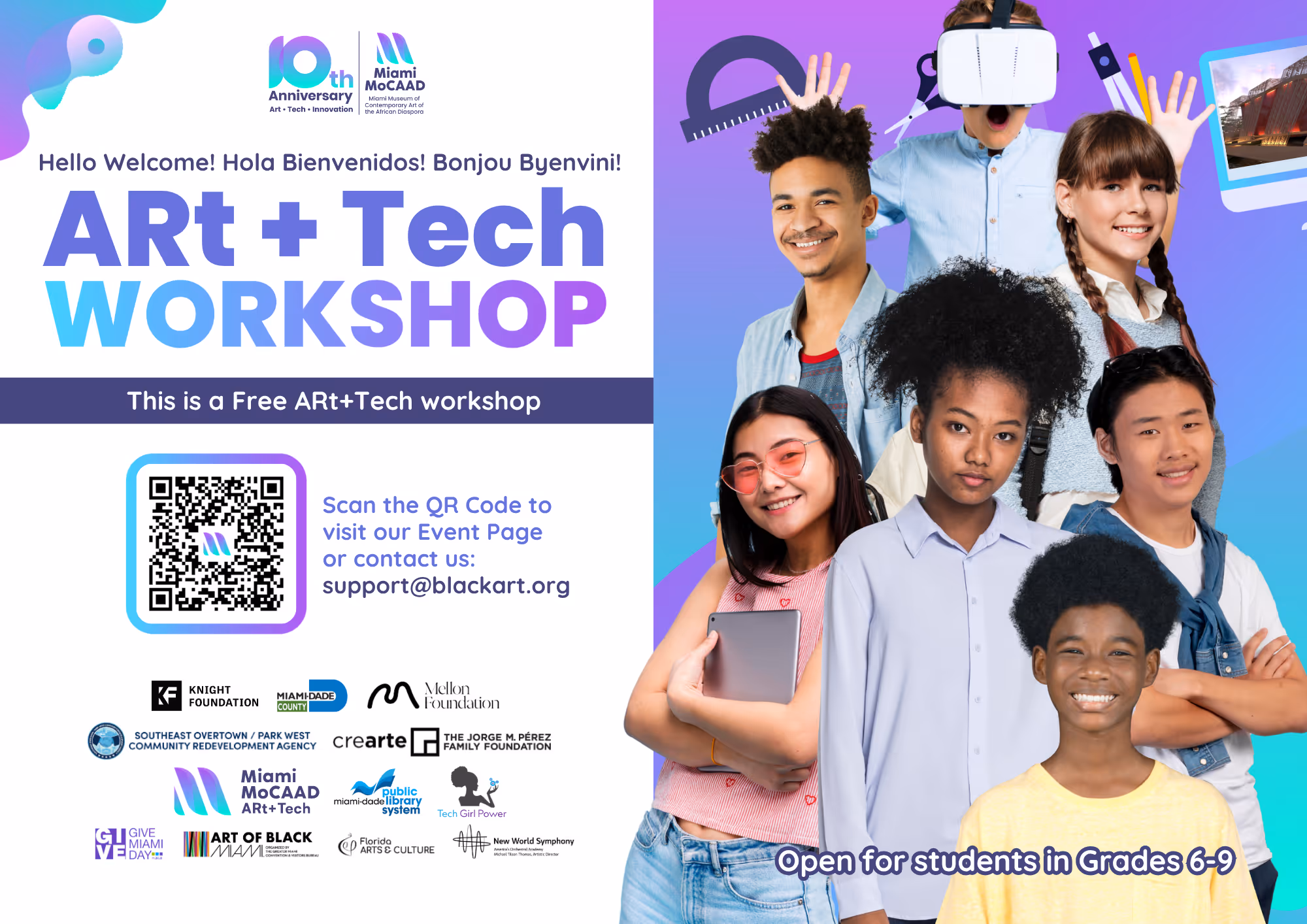 Poster for free ARt+Tech workshop by Miami MoCAAD with diverse smiling students and a QR code for event details.