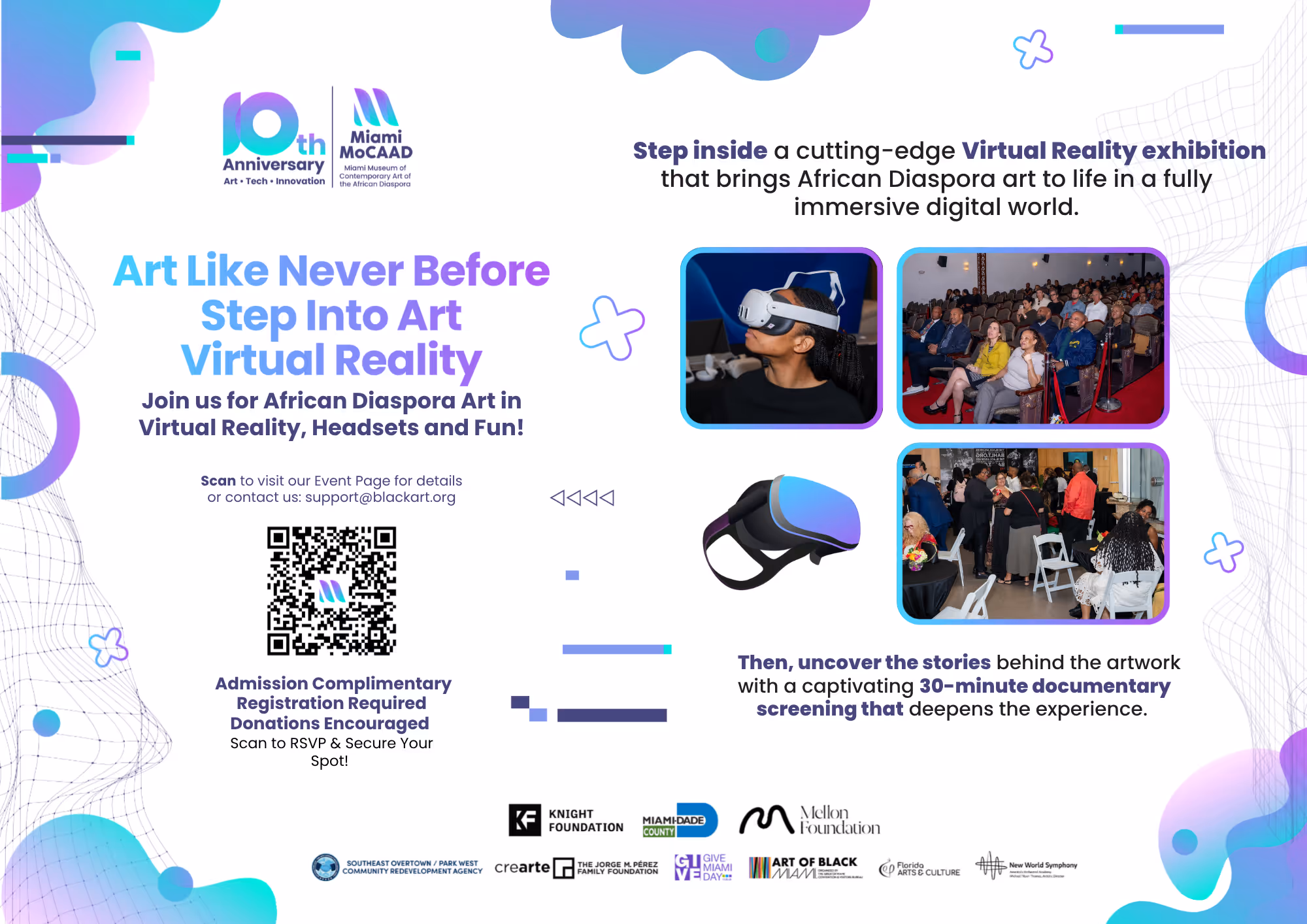 Poster for Miami MoCAAD's 10th Anniversary featuring a virtual reality exhibition of African Diaspora art with images of VR headset use and audience, plus event details and sponsors.