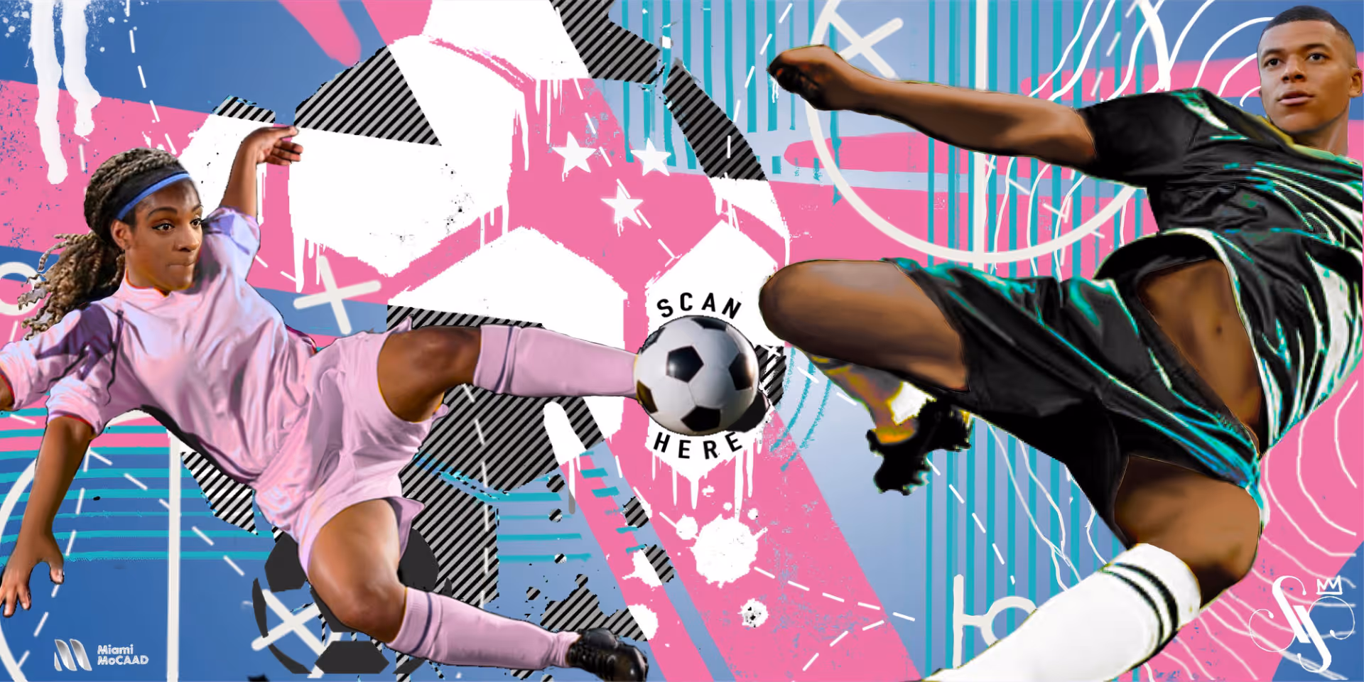 Two soccer players in mid-air kicking a ball against a colorful abstract background.