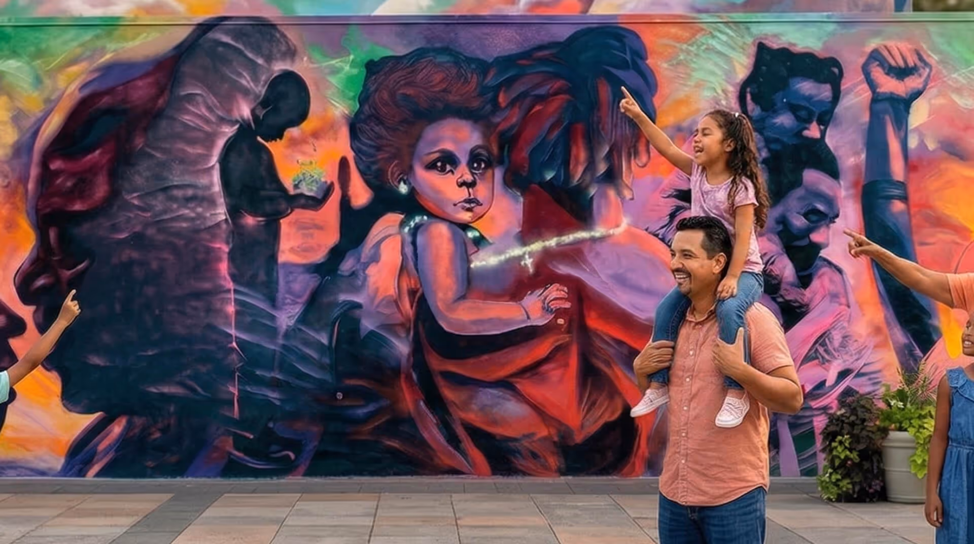 Man carrying smiling girl on shoulders pointing at vibrant mural of diverse people on colorful wall.