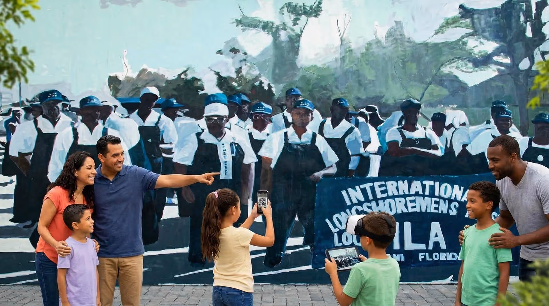 Two families with children use a smartphone and VR headset to view a mural of dockworkers holding a banner.