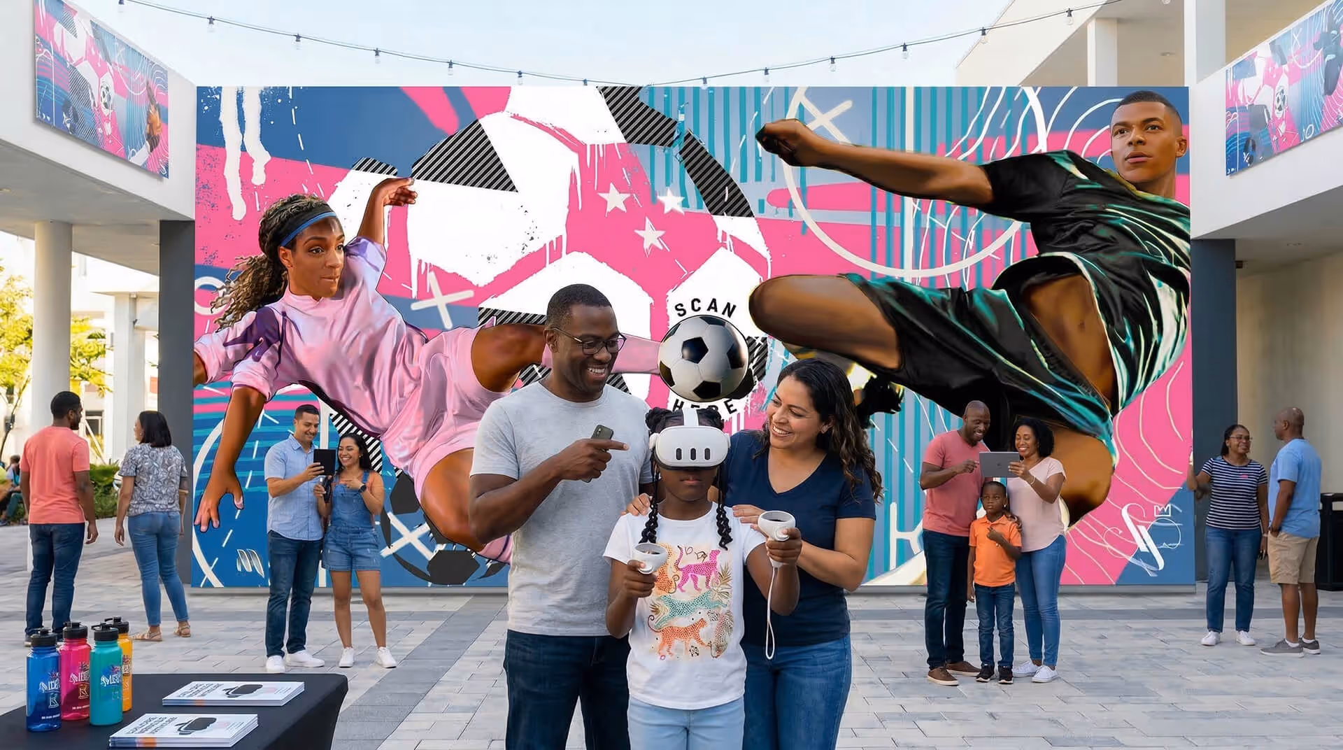 Child wearing a VR headset with controllers, flanked by smiling adults, in front of a colorful soccer-themed mural.
