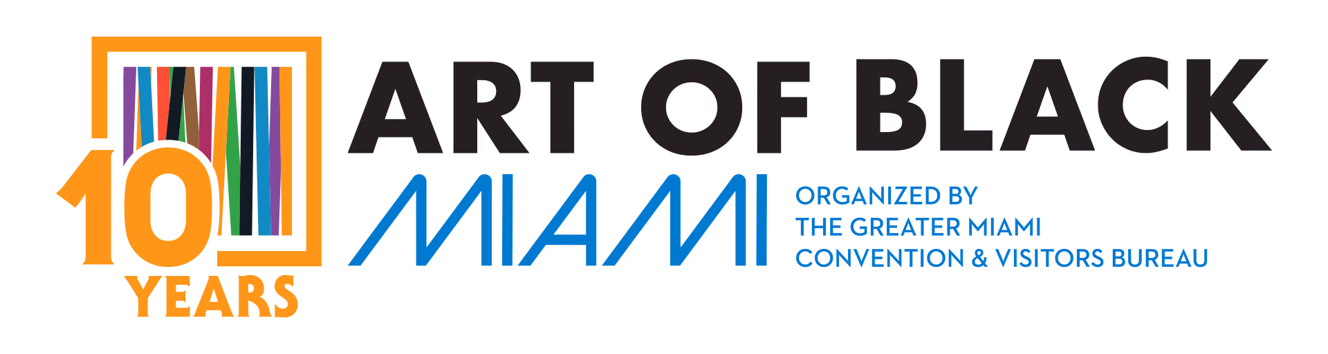 Logo reading 10 years Art of Black Miami organized by Greater Miami Convention & Visitors Bureau.