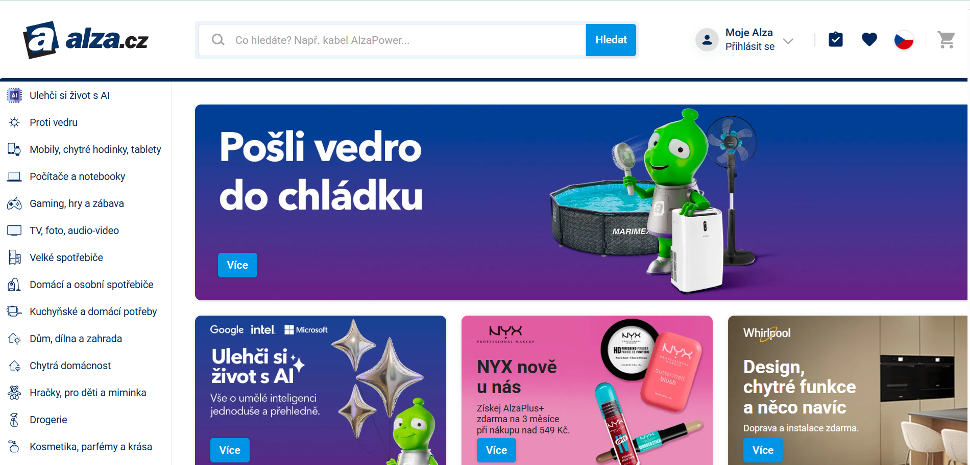 Úvodní stránky e-shopu Alza s hlavní nabídkou