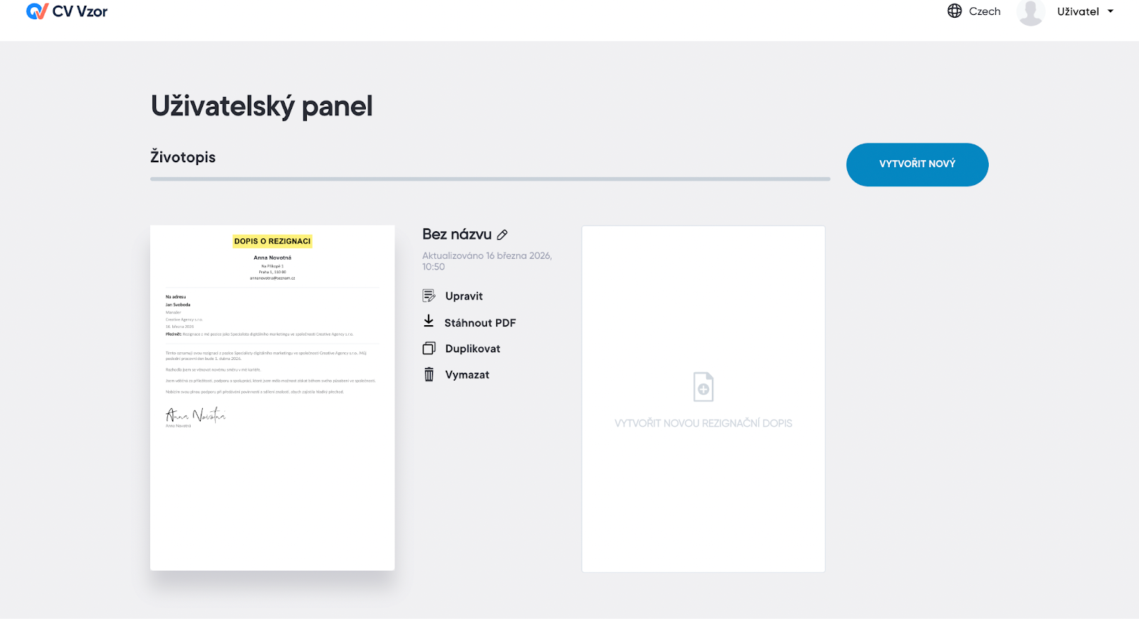 Náhled na vytváření AI výpovědního dopisu