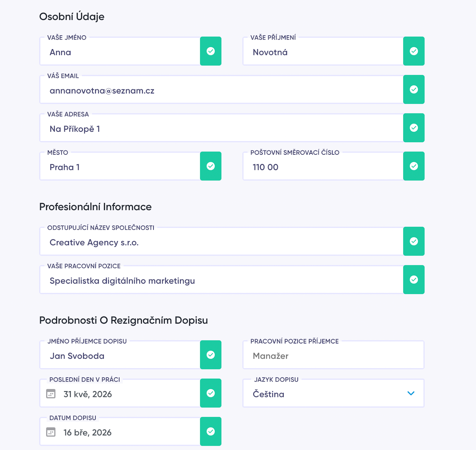 Formulář AI výpovědního dopisu