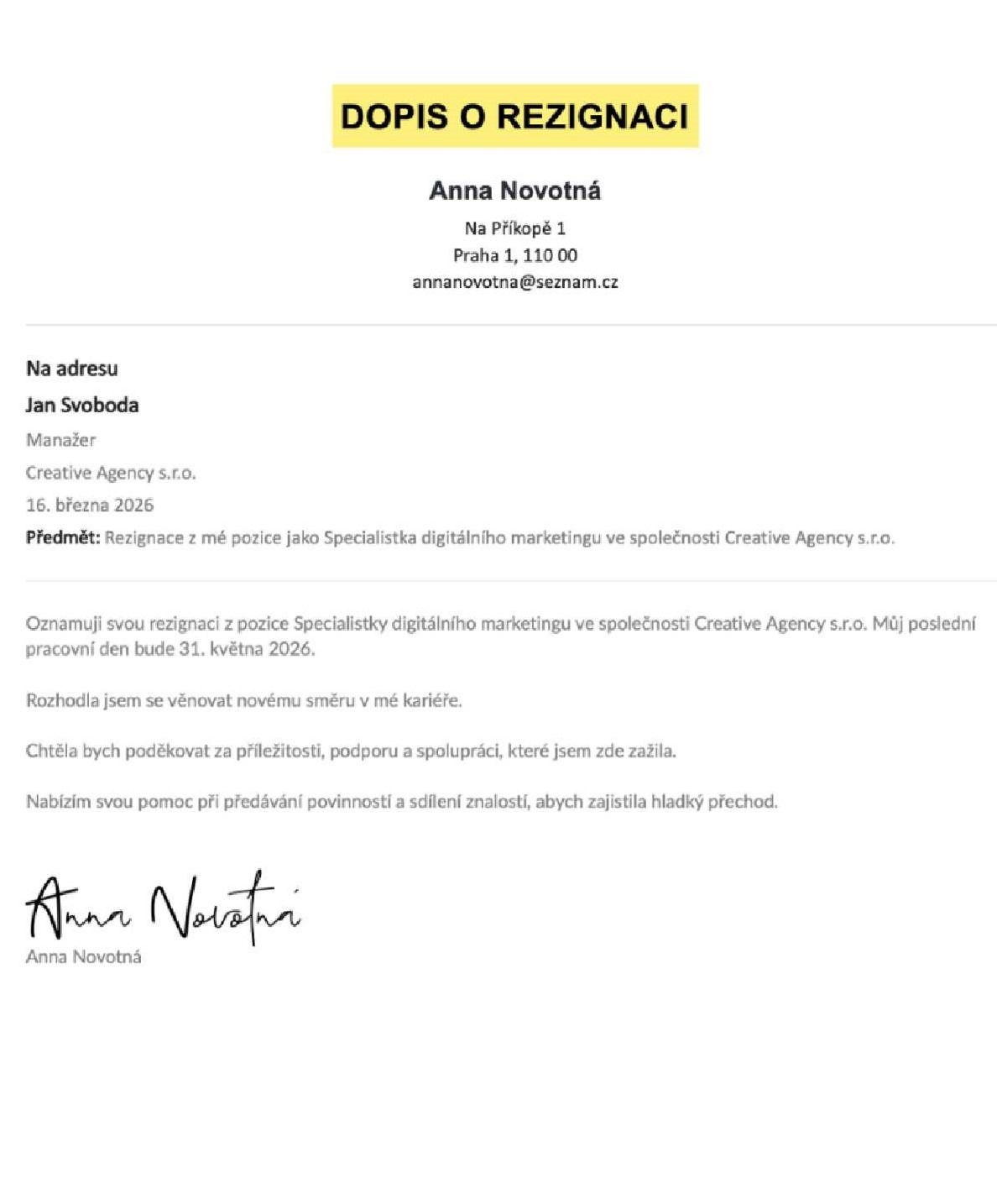 Příklad vygenerovaného výpovědního dopisu