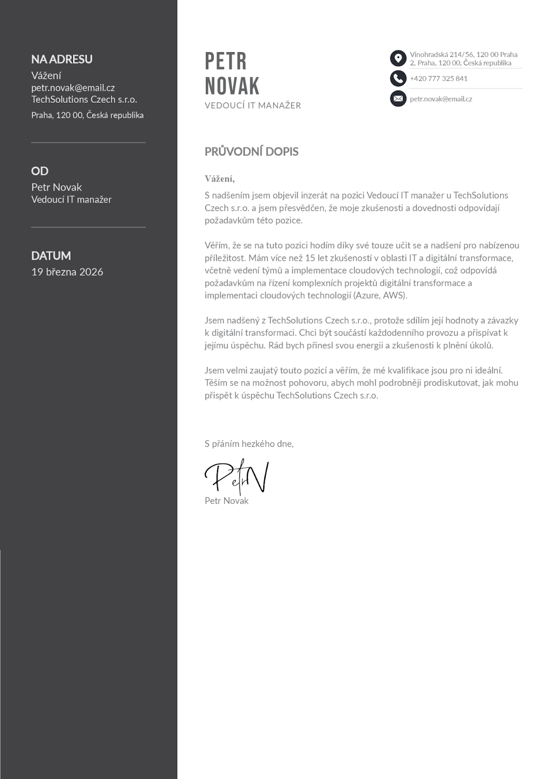 Náhled profesionálně strukturovaného motivačního dopisu vytvořeného umělou inteligencí