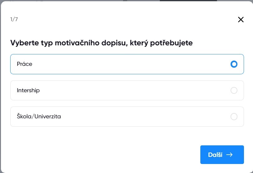 Výběr typu AI motivačního dopisu: dopis do zaměstnání, žádost o stáž, nebo přihláška ke studiu