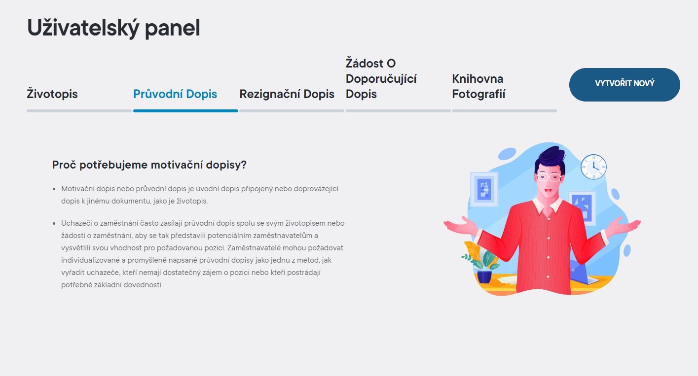 Uživatelský panel - sekce online motivačního dopisu s AI