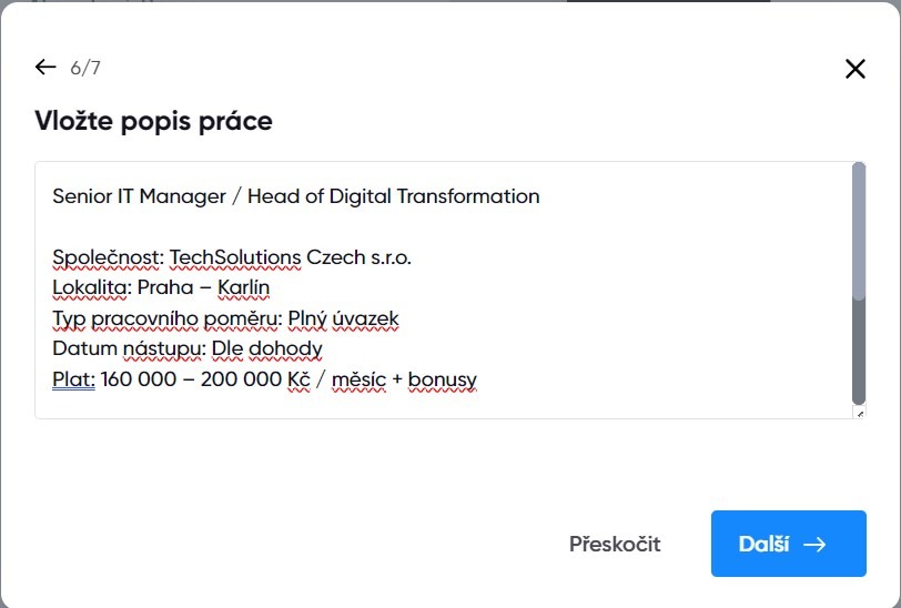 Ukázka vložení popisu práce