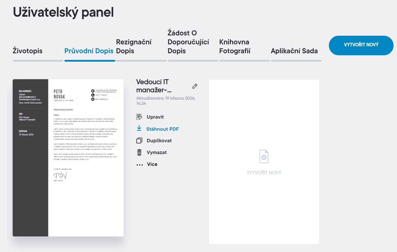 Uživatelský panel s funkcí stažení dopisu v PDF