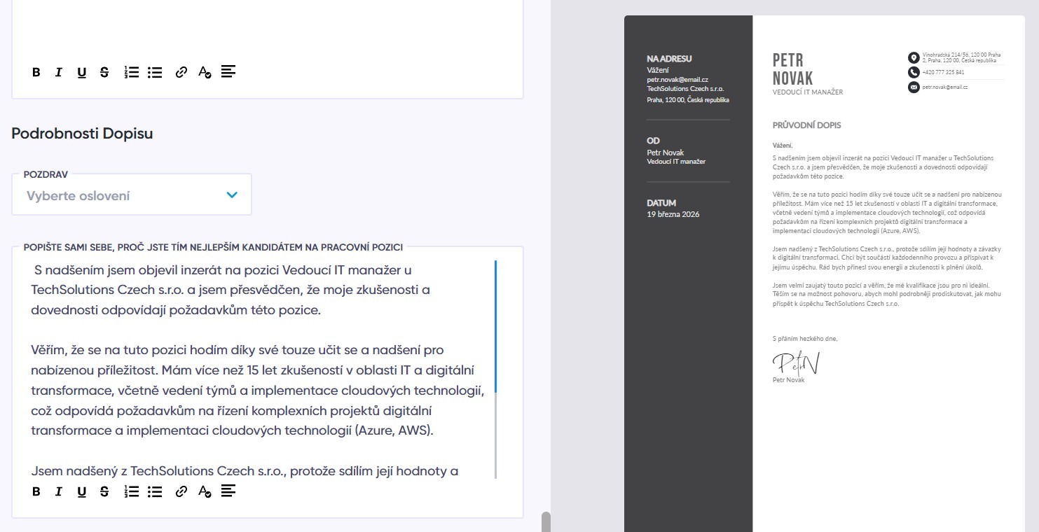 Ruční úprava motivačního dopisu vytvořeného pomocí AI