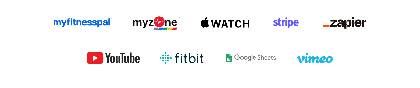 PT Distinction integrations — MyFitnessPal, Myzone, Apple Watch, Stripe, Zapier, YouTube, Fitbit, Google Sheets, Vimeo