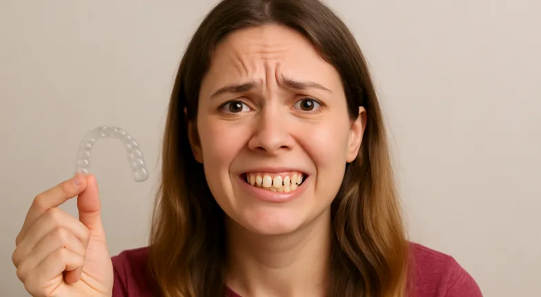 Young woman with slanted teeth holding a clear dental aligner and making a puzzled expression.