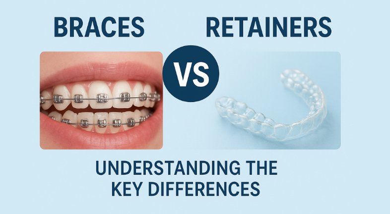 An image showing metal braces and clear retainers side by side