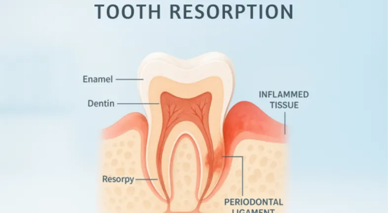 Tooth cross-section showing resorption and inflamed areas.
