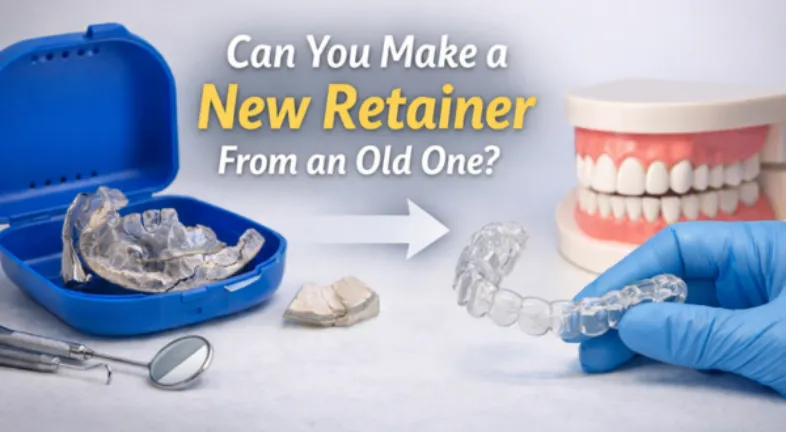  An image of an old retainer and a new retainer with tools and a dental model in the background