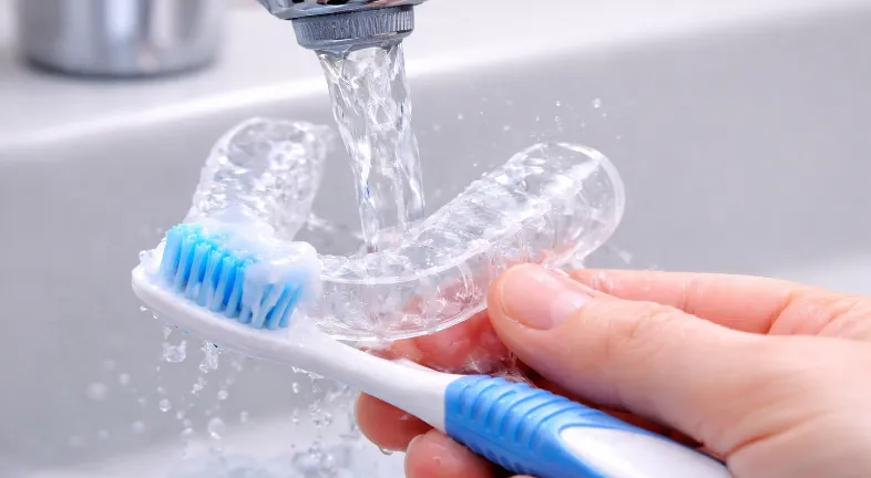 Night guard cleaning with a toothbrush under a tap