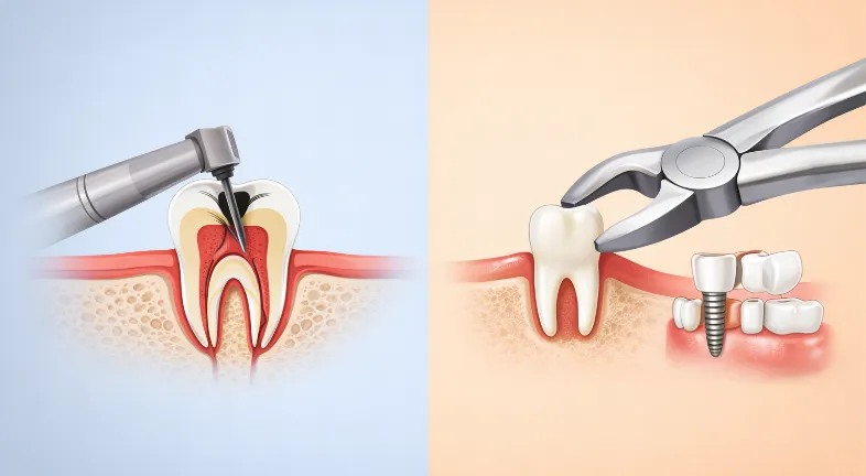 An illustration of root canal vs tooth extraction