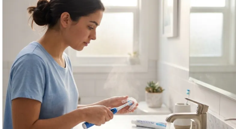  A woman in a blue shirt cleans a clear dental aligner with an electric toothbrush at a bathroom sink.