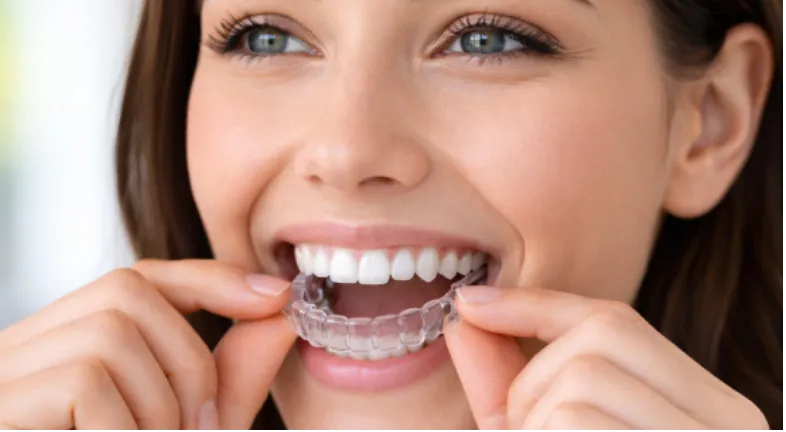 A girl putting in her clear aligners on a blue background 