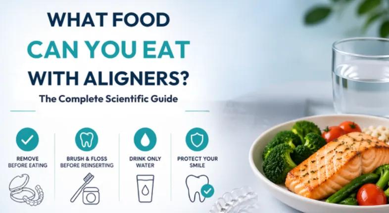 Clear aligners with a healthy meal and water, showing safe eating habits and oral care steps during aligner treatment