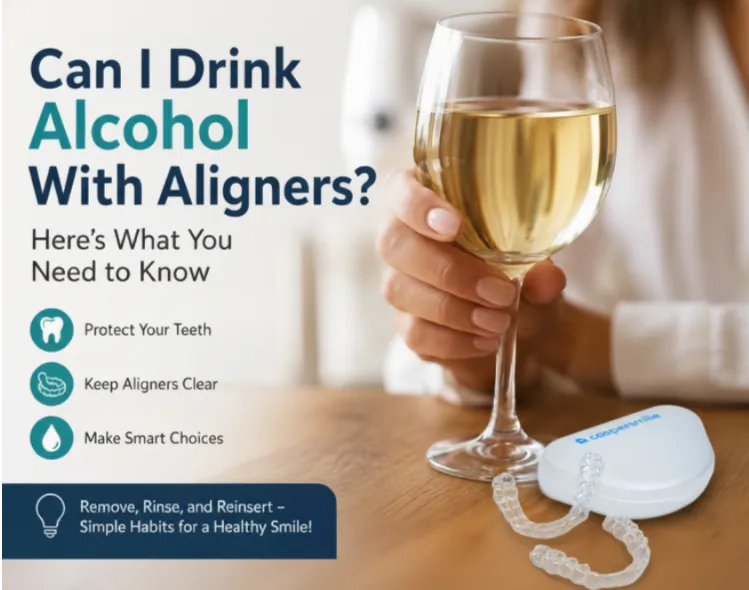  A woman holding a wine glass beside a clear aligner case with tips on drinking alcohol during aligner treatment.