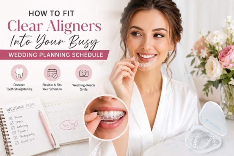 An image shows how a clear aligner fits into a busy wedding planning 