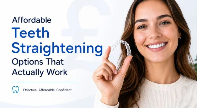 Smiling adult holding a clear aligner.