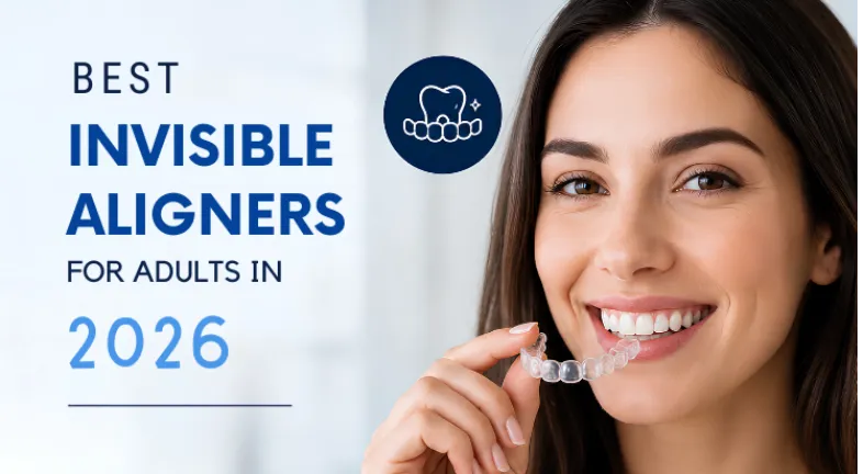 A girl smiling with clear aligners in her hand 