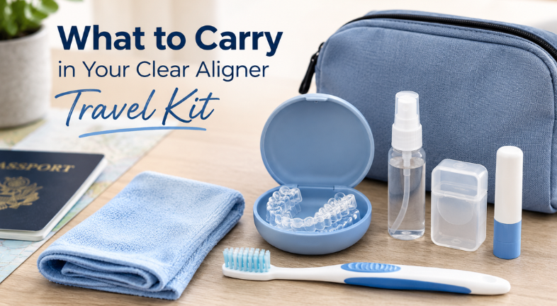An image shows a travel kit for clear aligners
