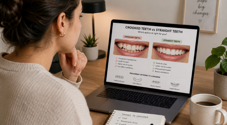 Adult exploring options to straighten misaligned teeth naturally.