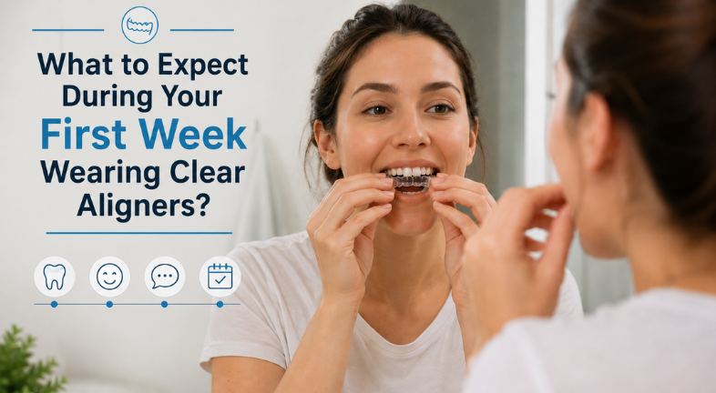 A woman is trying to wear clear aligners, while the title is shown on the left side. 
