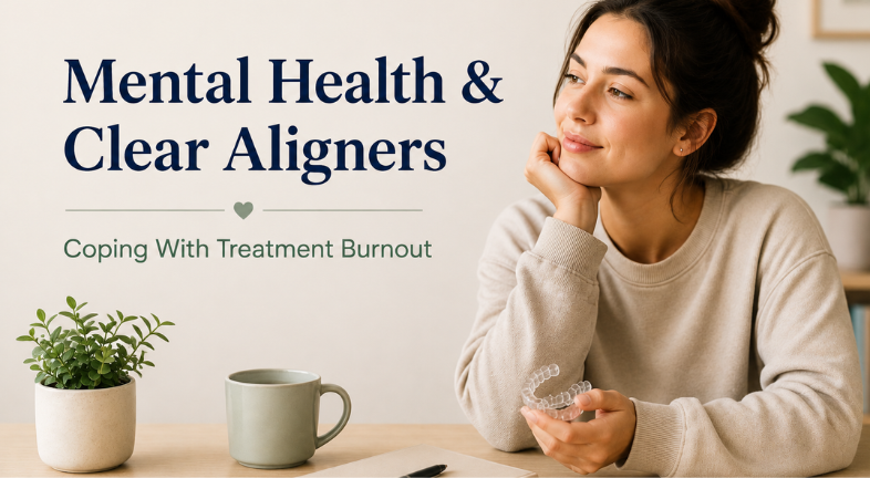 A person sitting calmly at a desk, holding a clear aligner, with a subtle, thoughtful expression.
