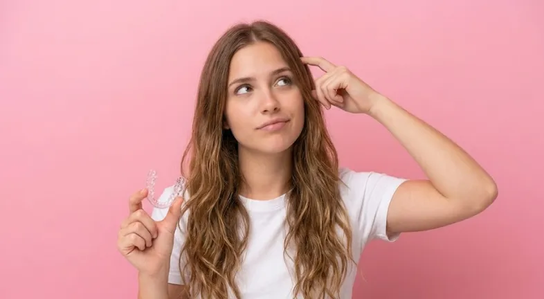 Girl thinking while holding clear aligners