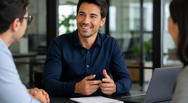  A man having a work meeting with colleagues. 