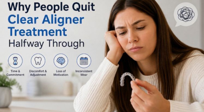  Woman holding a clear aligner and looking frustrated.
