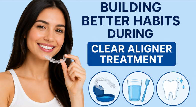  A girl holding an aligner with good oral habits displayed on the side.